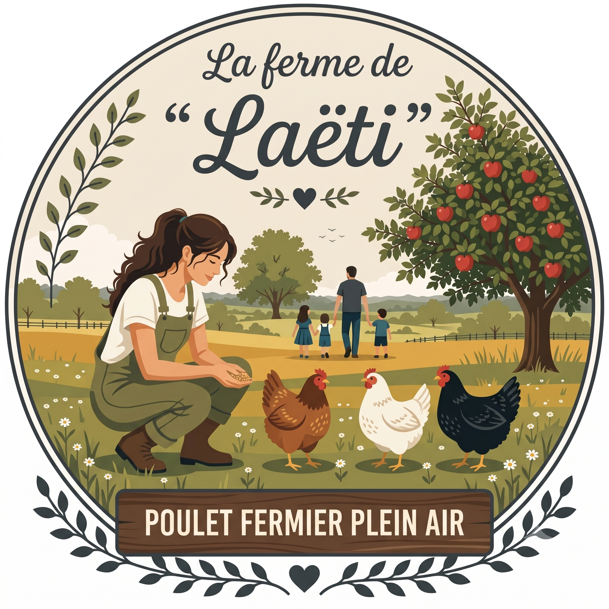 La ferme de Laëti — illustration ronde de l'éleveuse, ses poules et son pommier